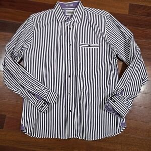 Express Mens Size XL 17-17.5 Fitted White Purple Striped Long Sleeve Shirt